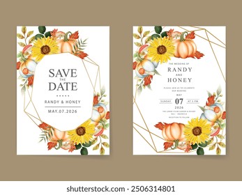 Tarjeta de invitación de boda de otoño de hojas y calabazas