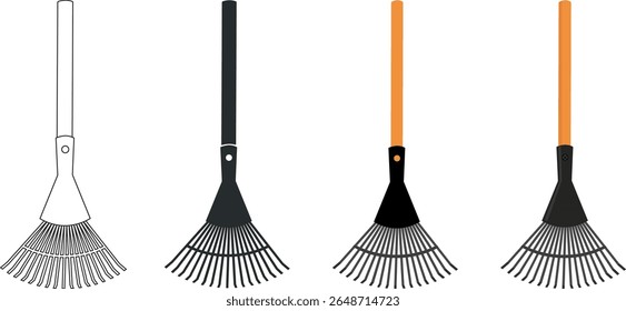 Leaf rake icon set. Lawn rake. Garden tool for autumn leaves. Cartoon vector illustrations