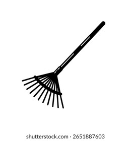Um ancinho de folha com uma alça longa em um estilo de glifo preto sólido. Um ícone simples para tarefas de jardinagem, manutenção de jardim e limpeza de outono.