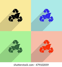 Leaf recycle sign vector icon - colored set with  long shadow