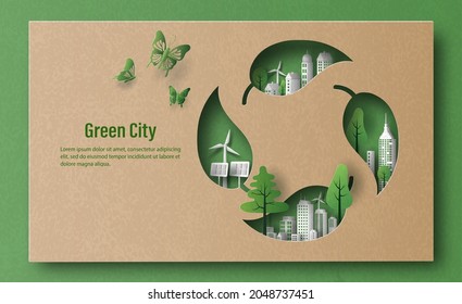 A leaf recycling symbol with green city, ecology and energy concept, paper illustration, and 3d paper. - Shutterstock ID 2048737451