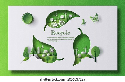 A Leaf Recycling Symbol With Green City, Ecology And Energy Concept, Paper Illustration, And 3d Paper.