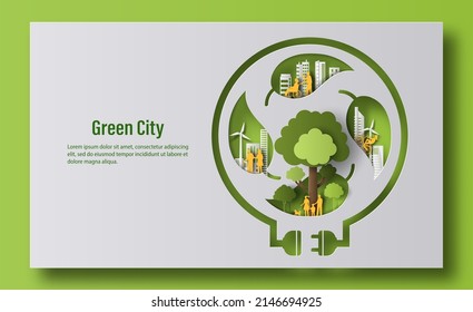 A leaf recycling symbol with green city, ecology and energy concept, paper illustration, and 3d paper.