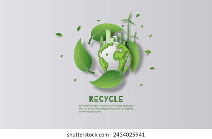 A leaf recycling symbol with green city, ecology and energy concept, paper illustration, and 3d paper.