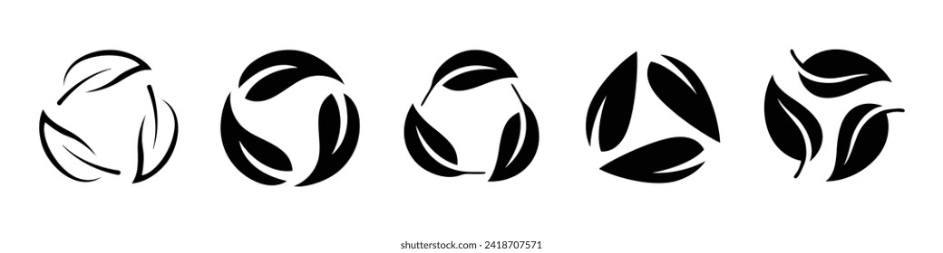 Symbolsatz für das Recycling von Leaf. Biologisch abbaubares Blattrecyclingsymbol in schwarzer Farbe. Recycling, Wiederverwendung von Symbol in schwarzer Farbe einzeln auf weißem Hintergrund.