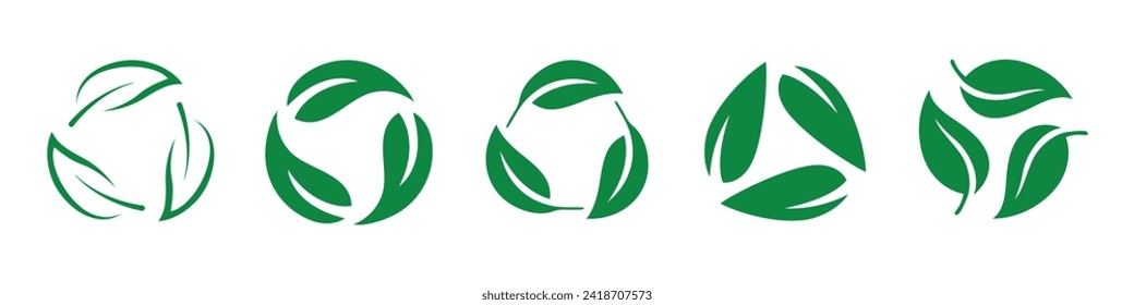 Juego de iconos de símbolo de reciclaje de hoja. Símbolo de reciclado de hoja biodegradable de color verde. Reciclaje, reutilización del símbolo en color verde aislado en fondo blanco.