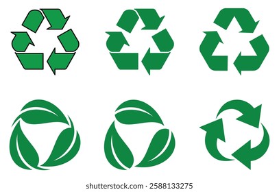 Leaf recycling symbol icon set. Biodegradable leaf recycling symbol set in green color, Recycling, reusing symbol. plastic recycle symbol, plastic recycle vector illustration. recycle.