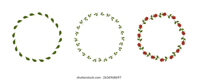 Leaf and Rose Floral Frame Set. Three circular botanical frames with green leaves and red rosebuds in flat cartoon style, isolated on white background.

