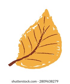 Leaf with rough crayon texture and hand-drawn veins, dropping gently with organic edges. Symbol of change, season shift, and nature cycle. Cartoon vector illustration.