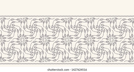 Leaf running stitch embroidery border pattern. Simple needlework  Hand drawn geometric floral mosaic. Textile ribbon trim. Ecru cream home decor. Monochrome sashiko style. Seamless vector background