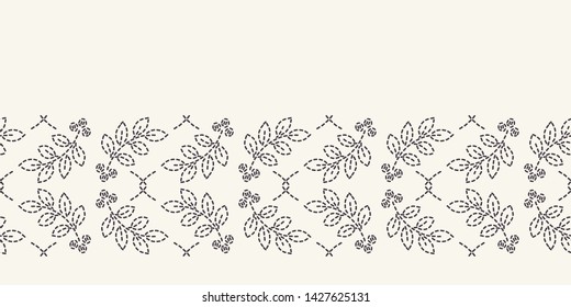 Leaf running stitch embroidery border pattern. Simple needlework  Hand drawn geometric floral mosaic. Textile ribbon trim. Ecru cream home decor. Monochrome sashiko style. Seamless vector background