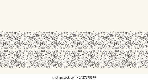 Leaf running stitch embroidery border pattern. Simple needlework Hand drawn geometric floral mosaic. Textile ribbon trim. Ecru cream home decor. Monochrome sashiko style. Seamless vector background