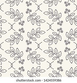 Leaf running stitch embroidery pattern. Simple needlework seamless vector background. Hand drawn geometric floral mosaic textile print. Ecru cream handicraft home decor. Monochrome sashiko style.