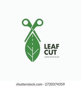 Diseño de logo de hoja y tijera. Icono de logotipo de símbolo de corte de hojas simple Ilustración vectorial de estilo plano