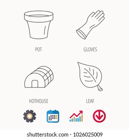 Leaf, scissors and pot icons. Hothouse linear sign. Calendar, Graph chart and Cogwheel signs. Download colored web icon. Vector
