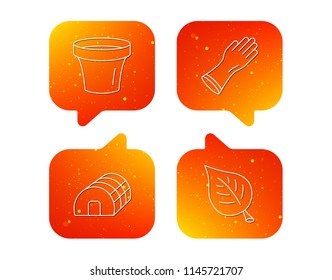 Leaf, scissors and pot icons. Hothouse linear sign. Orange Speech bubbles with icons set. Soft color gradient chat symbols. Vector