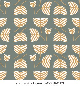 Leaf seamless abstract pattern on grey background. Retro botanical illustration for print, fabric, wrapping paper, wallpaper, textile, cover