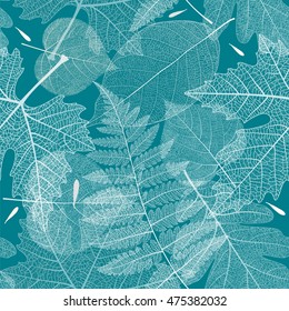 Leaf seamless pattern. Autumn  texture on blue background. Vector white illustration.