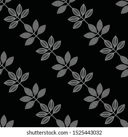 Leaf seamless pattern. Black and white repeated tile of a branch of leaves in garland. A twig of delicate mosaic dotted leaves. Vector illustration.