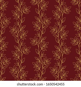 Leaf seamless pattern; gold vertical leaf twigs on dark red background; abstract floral design for fabric, wallpaper, textile, wrapping paper, web design.