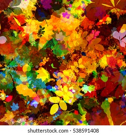 Leaf seamless pattern. Grunge elements. Bright vector background. Texture with birch, alder, maple, oak leaves.