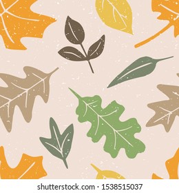 Leaf seamless pattern. Leaves on a gray shabby background. Vector shabby hand drawn illustration