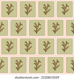 Leaf seamless pattern. Plant patchwork repeat background. Floral retro post stamps endless design. Vector hand drawn flat illustration.