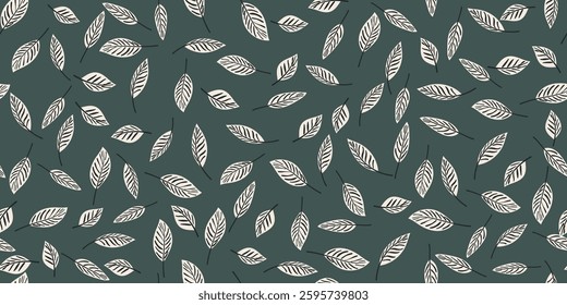 Leaf seamless pattern repeatable on green background. Organic shapes abstract for textile design, wallpaper vintage