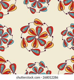 Leaf seamless pattern. Repeated tile of a colorful branch of leaves in round garland. A circle twig of delicate mosaic doodle leaves. Floral wreath. Vector illustration.