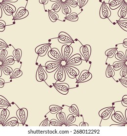 
Leaf seamless pattern. Repeated tile of a branch of leaves in round garland. A circle twig of delicate mosaic doodle leaves. Floral wreath. Monochrome stencil print. Kalamkari. Vector illustration