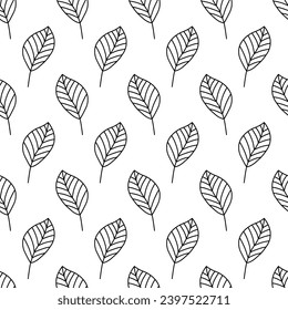 Leaf seamless pattern. Repeating leaves background. Repeated nature small patern for design prints. Line simple plant. Spring repeat texture. Hand draw soft monocrome silhouette. Vector illustration