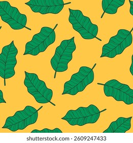 Leaf Seamless Pattern with Tropical Green Leaves on Yellow Background. Playful and vibrant leafy background with tropical foliage, bold shapes, and playful colors. Ideal for print, fashion, cards
