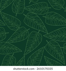 Leaf Seamless Pattern with Tropical Stylized Green Leaves on Green Background. Playful and vibrant leafy background with tropical foliage, bold shapes, and playful colors. Ideal for print, fashion