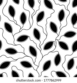 Leaf seamless pattern. Vector background leaves. Laser cut. Black and white silhouette leaf plant. Design with floral leaf. Wallpaper with branch and flower. Simple foliage for prints laser cutting