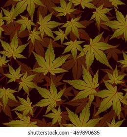 Leaf seamless pattern, vector background. Green leaves on a dark background. For the design of wallpaper, fabric, decoration material