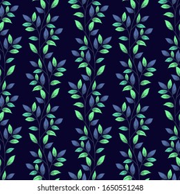 Leaf seamless pattern; vertical branches with leaves on dark blue background; colorful floral design for fabric, wallpaper, textile, wrapping paper, web design.
