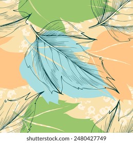 Leaf seamless pattern wallpaper background. Design of natural Monstera leaves and banana leaves in a minimalist linear outline style. Design for fabric, print, cover, banner, decoration.