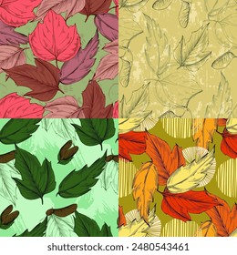 Leaf seamless pattern wallpaper background. Design of natural Monstera leaves and banana leaves in a minimalist linear outline style. Design for fabric, print, cover, banner, decoration.