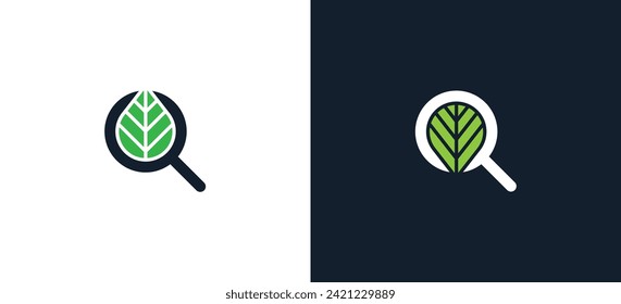 Leaf Search Magnifying Glass Logo Concept icon sign symbol Element Design. Organic, Herbal, Natural Products, Ecology Logotype. Vector illustration template