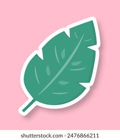 A leaf with a shadow on a pink background. Green leaf sticker. Cartoon retro style. Vector illustration.
