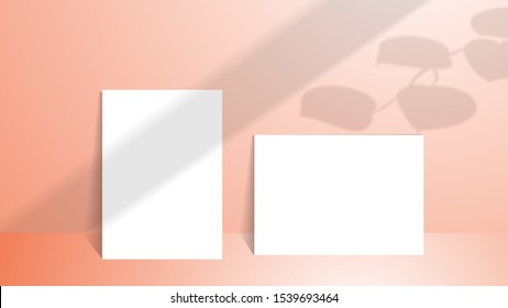 Leaf Shadows. Scene Mockup. A4 format Mockups. Shadow overlay effects. Vector shadow silhouette effect.
