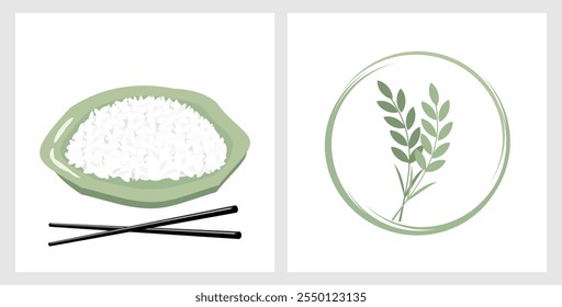 Placa em forma de folha com arroz, pauzinhos e orelhas de arroz verde sinal de logotipo isolado em fundo branco vetor.