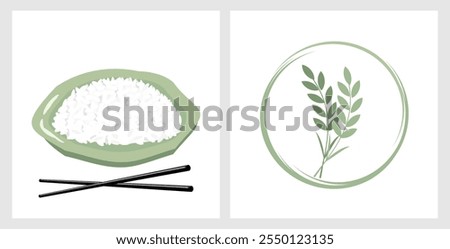 Leaf shape plate with rice, chopsticks and green rice ears logo sign isolated on white backgrounds vector.