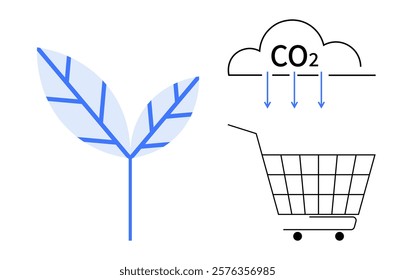 Leaf and shopping cart with CO2 cloud symbolizing eco-friendly shopping and carbon footprint reduction. Ideal for environmental awareness, sustainable shopping, carbon reduction, climate change