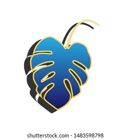 Leaf sign. Blue icon with gold contour with dark gray shadow at white background. Illustration.