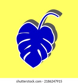 Leaf sign. Blue Icon with white stroke in 3d at yellow Background. Illustration.
