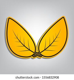Leaf sign. Flat orange icon with overlapping linear black icon with gray shadow at whitish background. Illustration.