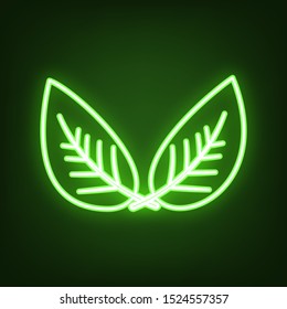 Leaf sign. Green neon icon in the dark. Blurred lightening. Illustration.