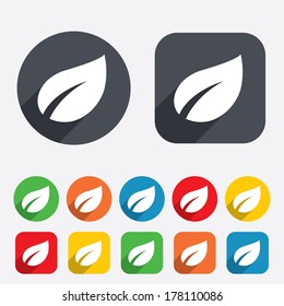 Leaf sign icon. Fresh natural product symbol. Circles and rounded squares 12 buttons. Vector