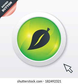 Leaf sign icon. Fresh natural product symbol. Green shiny button. Modern UI website button with mouse cursor pointer. Vector